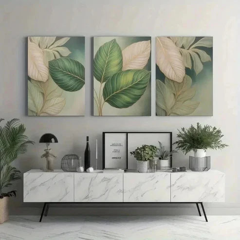 3pcs Green Tones Abstract Leaves Wall Art Canvas Unframed - High Quality Print 100% Australian Made Wall Canvas