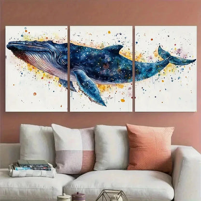 3pcs Majestic Sea Life Blue Whale Watercolor Metal Print Ready to Hang Art