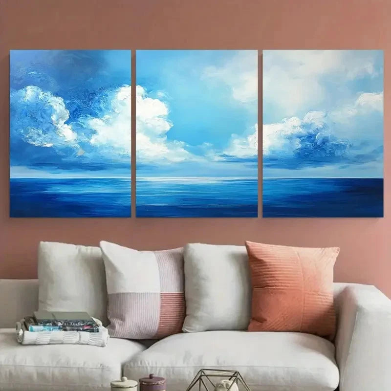 3pcs Large Cloud Painting Blue Sea Illustration Wall Art Set Canvas Framed 40x60cm - High Quality Print 100% Australian Made Wall Canvas Ready to Hang