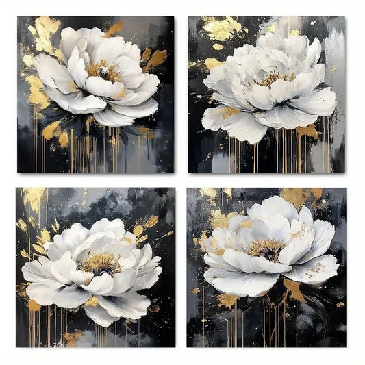 4pcs Elegant White Peony Wall Art Canvas Framed