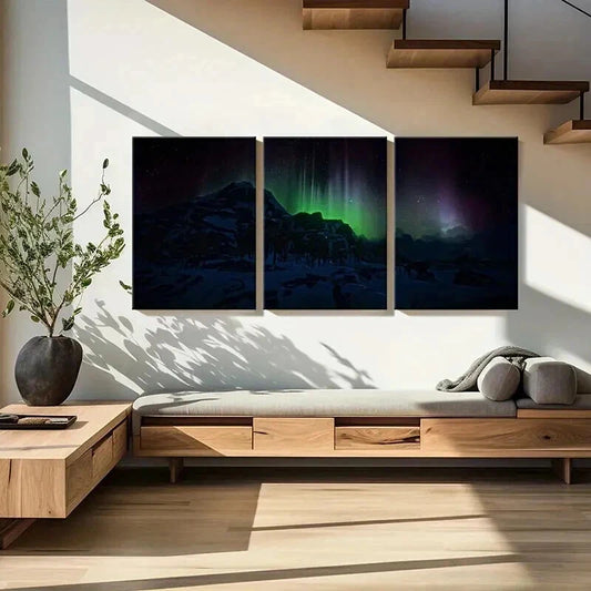 3pcs Natural Aurora in Snowy Landscape Wall Art Set Canvas Framed 40x60cm - High Quality Print 100% Australian Made Wall Canvas Ready to Hang