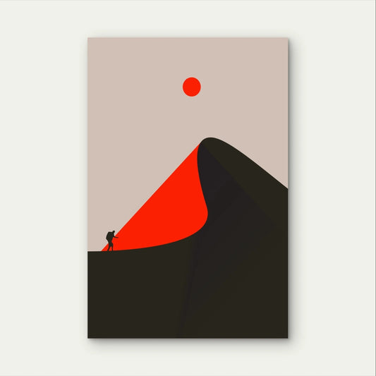 Minimalist Lone Hiker and Red Sun Desert Land 40x60cm Metal Print Ready to Hang