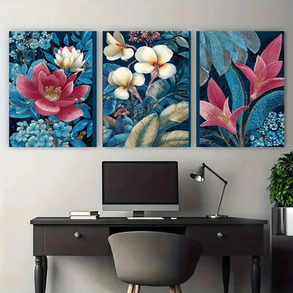 3pcs Bali Travel Indonesian Florals Illustration Wall Art Set Canvas Framed 60x90cm - High Quality Print 100% Australian Made Wall Canvas Ready to Hang