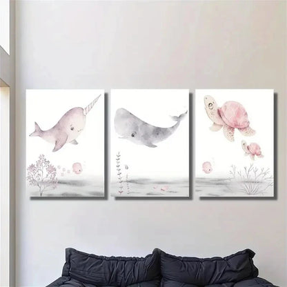 3pcs Cartoon Marine Animals Poster Watercolor Metal Print Ready to Hang Art