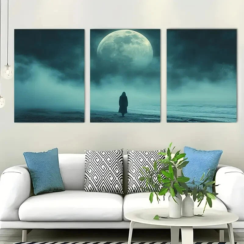 3pcs Ghostly Figure Full Moon & Foggy Night Scene Metal Print Ready to Hang Art