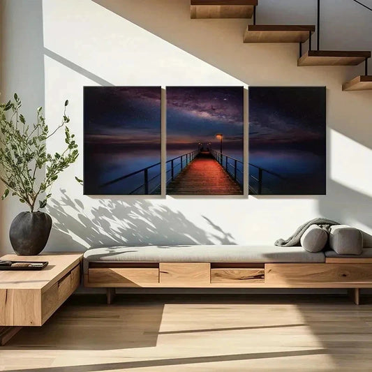 3pcs Starry Sky Night Scene Lake Bridge Wall Art Set Canvas Framed 40x60cm - High Quality Print 100% Australian Made Wall Canvas Ready to Hang