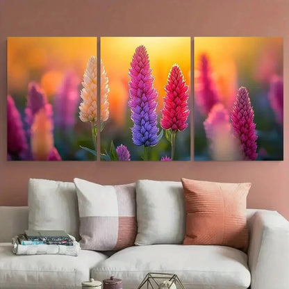 3pcs Vibrant Sunny Field Of Amaranth Flowers Metal Print Ready to Hang Art