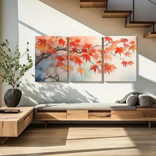 3pcs Leaves Fall Autumn Vintage Watercolor Wall Art Set Canvas Framed 40x60cm - High Quality Print 100% Australian Made Wall Canvas Ready to Hang