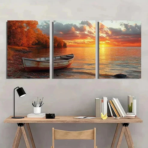 3pcs Serene Lake Scenery with Wooden Boat Wall Art Set Canvas Unframed - High Quality Print 100% Australian Made Wall Canvas