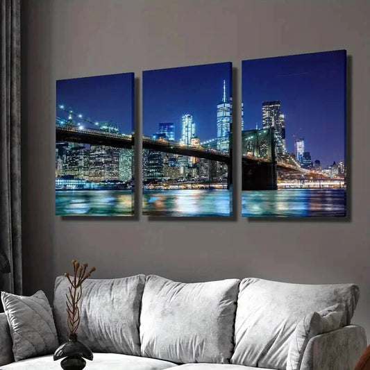 3pcs Nighttime Cityscape with a Bridge Wall Art Set Canvas Framed 40x60cm - High Quality Print 100% Australian Made Wall Canvas Ready to Hang