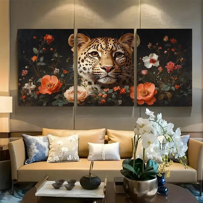 3pcs Royal Leopard Portrait with Flowers Metal Print Ready to Hang Art