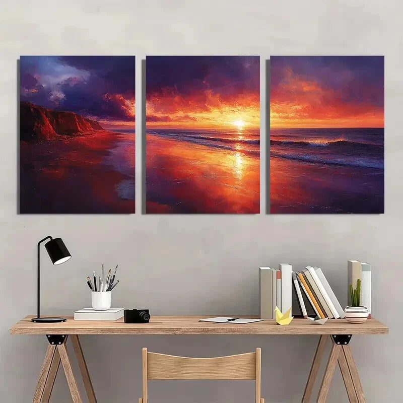 3pcs Sunset Beach Warm Orange & Dark Purple Sky Metal Print Ready to Hang Art