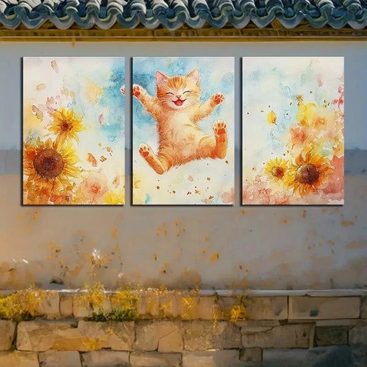 3pcs The Cat Is Playing in The Sunflower Field Metal Print Ready to Hang Art