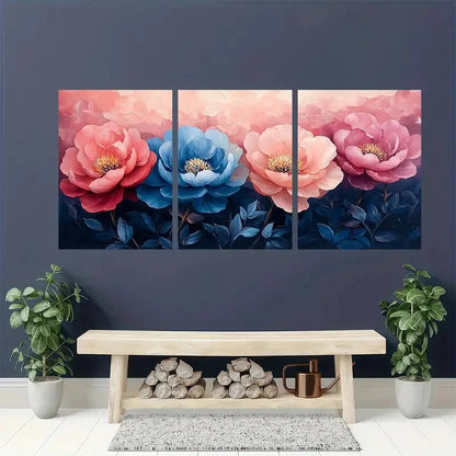 3pcs Pink and Blue Peony Petals Flower Art Metal Print Ready to Hang Art