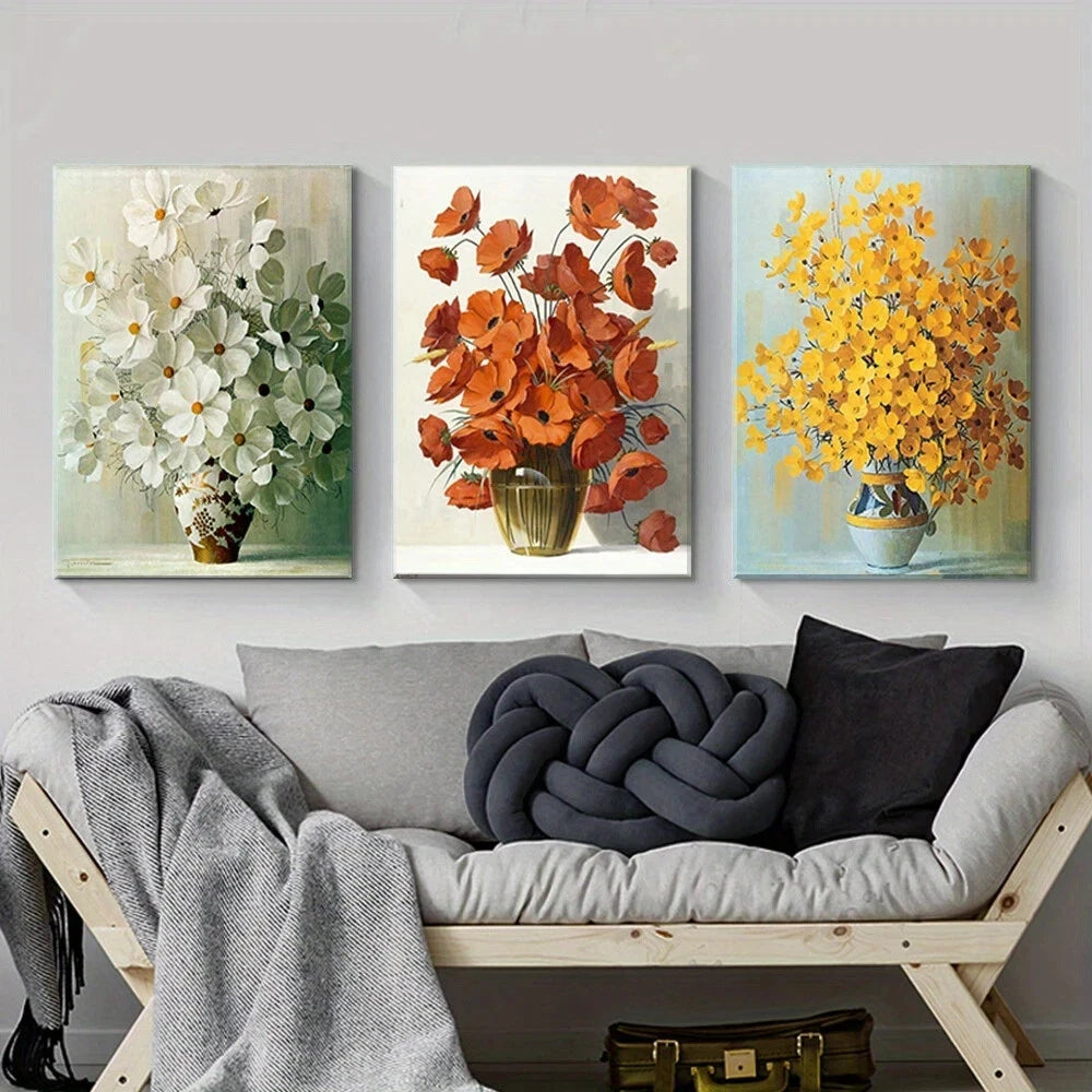 3pcs Yellow Orange White Vase Metal Print Ready to Hang Art
