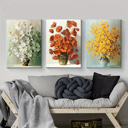 3pcs Yellow Orange White Vase Metal Print Ready to Hang Art