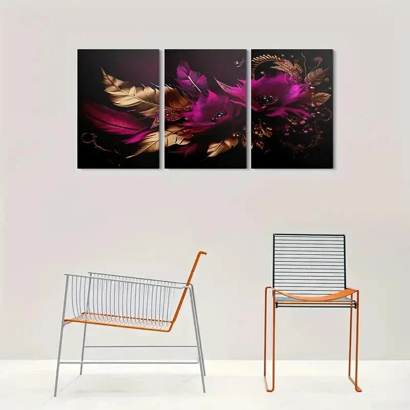 3pcs Purple Floral Feather Painting Metal Print Ready to Hang Art