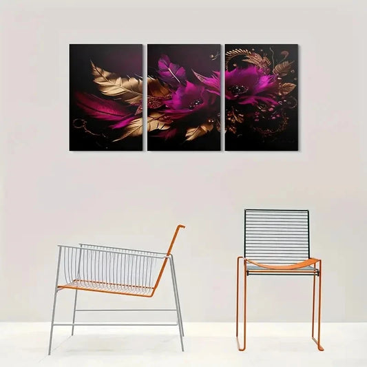 3pcs Purple Floral Feather Painting Metal Print Ready to Hang Art
