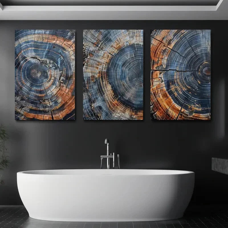 3pcs Abstract Wood Tree Rings Blue & Orange Metal Print Ready to Hang Art