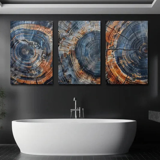 3pcs Abstract Wood Tree Rings Blue & Orange Metal Print Ready to Hang Art