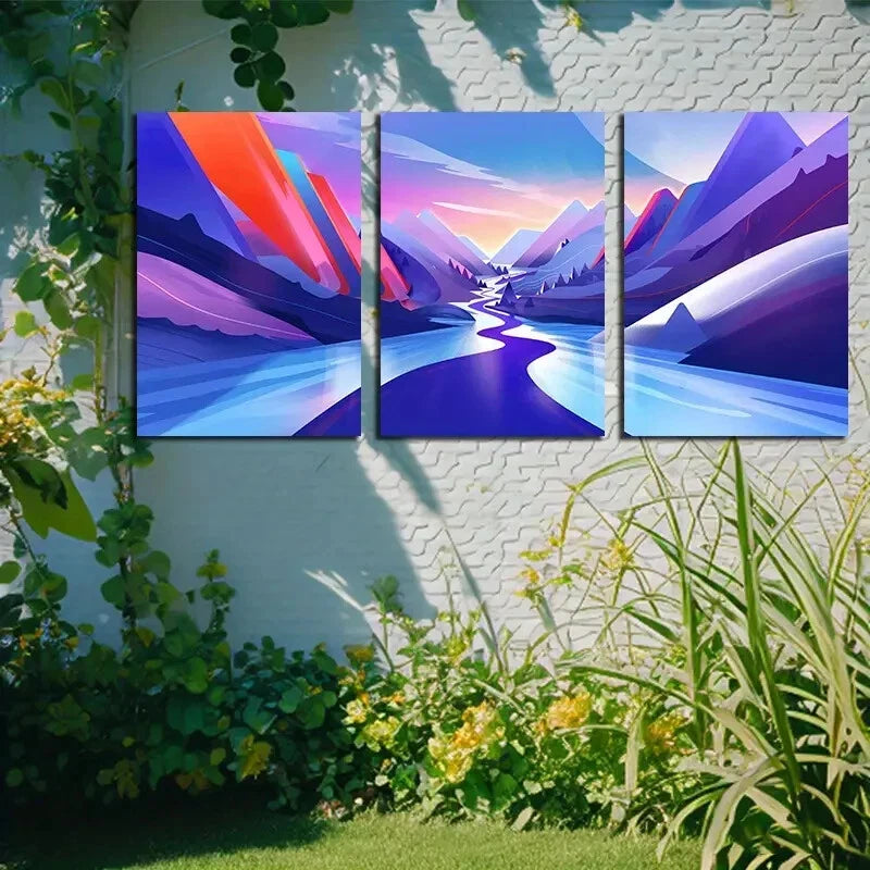 3pcs Vibrant Purple Mountains and Sunset Modern Metal Print Ready to Hang Art