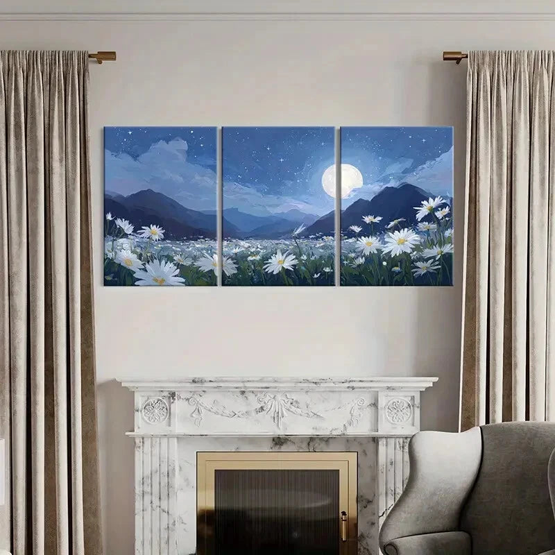 3pcs Serene Daisy Field & Mountain View Full Moon Metal Print Ready to Hang Art
