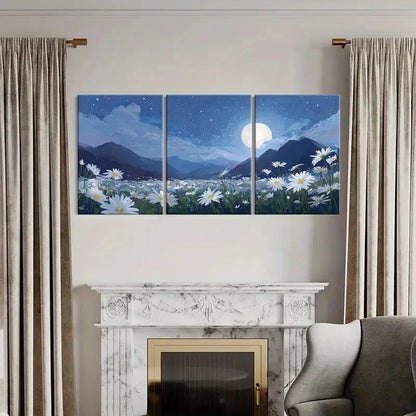 3pcs Serene Daisy Field & Mountain View Full Moon Metal Print Ready to Hang Art