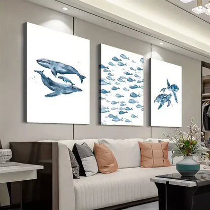 3pcs Water Color Painting Of Whale, Turtle & Fishes Art Set Canvas Unframed - High Quality Print 100% Australian Made Wall Canvas