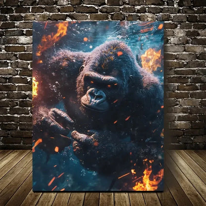 Gorilla Underwater Wrestling Scene with Glow Painting 40x60cm Metal Print Ready to Hang