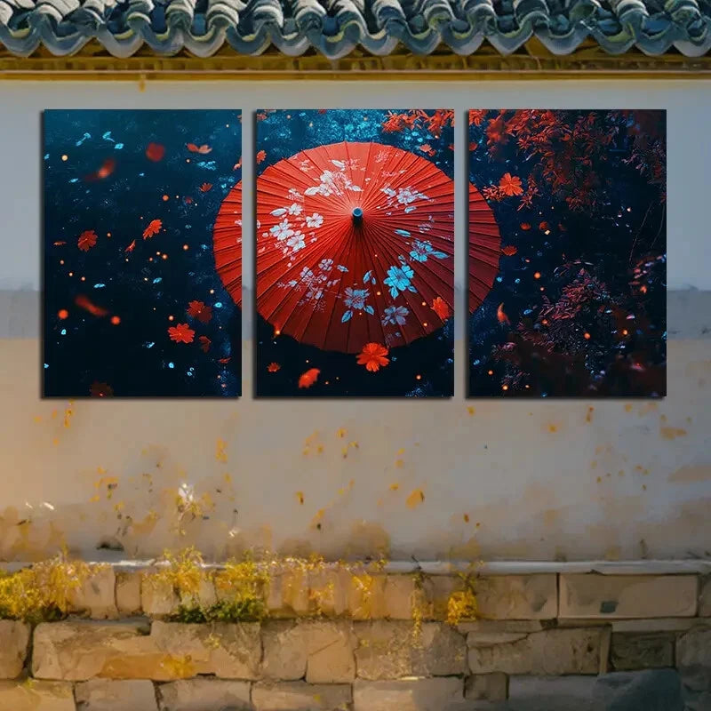 3pcs Red Flower Paper Umbrella Metal Print Ready to Hang Art
