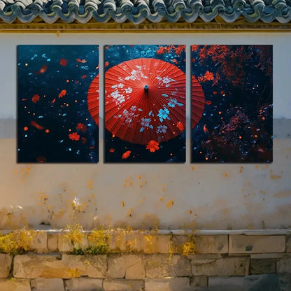 3pcs Red Flower Paper Umbrella Metal Print Ready to Hang Art