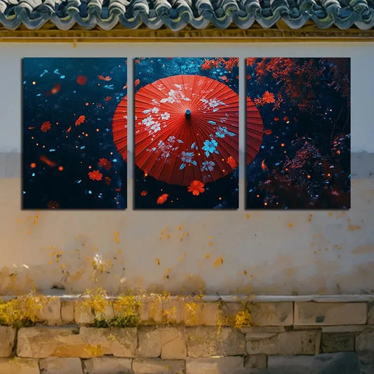 3pcs Red Flower Paper Umbrella Metal Print Ready to Hang Art