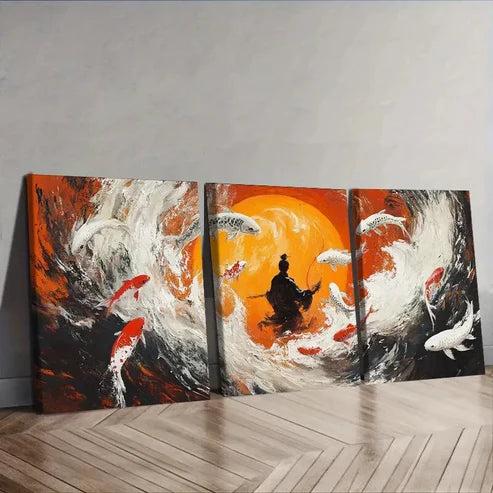 3pcs Fisherman, Koi Wall Art Set Canvas Unframed - High Quality Print 100% Australian Made Wall Canvas