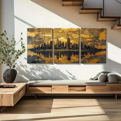 3pcs Golden Sky Cityscape Modern Urban Sky Design Metal Print Ready to Hang Art
