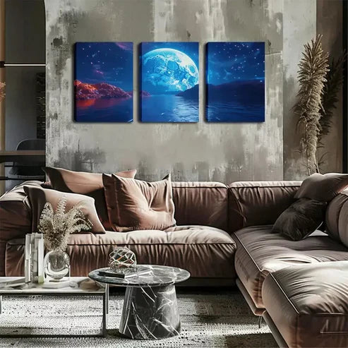 3pcs Large Moon On The Sea Level Wall Art Set Wall Art Canvas Unframed - High Quality Print 100% Australian Made Wall Canvas
