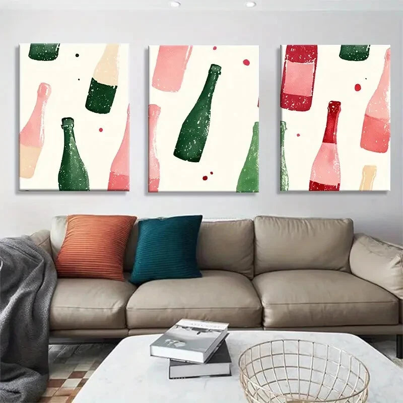 3pcs Modern Bottle Retro Wine & Champagne Theme Metal Print Ready to Hang Art
