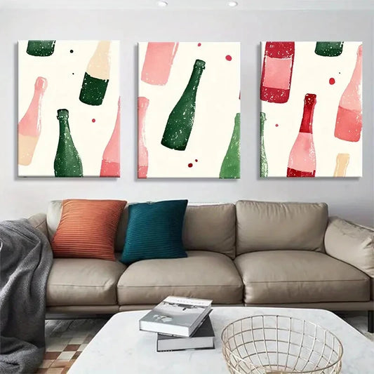 3pcs Modern Bottle Retro Wine & Champagne Theme Metal Print Ready to Hang Art