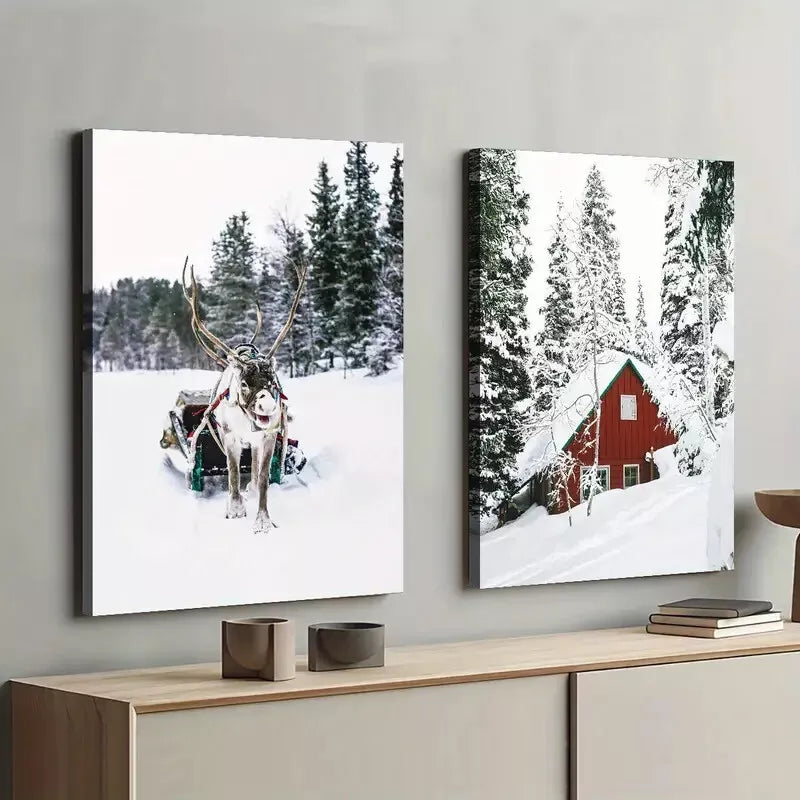 2pcs Winter Wonderland Snowy Trees Deer Framed 50x75cm - High Quality Print 100% Australian Made Wall Canvas Ready to Hang