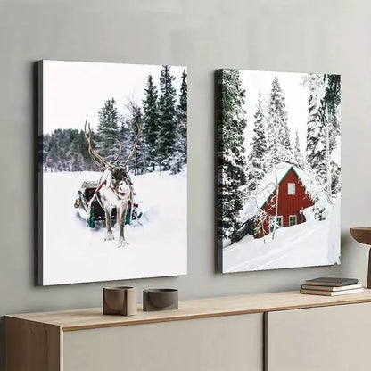2pcs Winter Wonderland Snowy Trees Deer Framed 50x75cm - High Quality Print 100% Australian Made Wall Canvas Ready to Hang