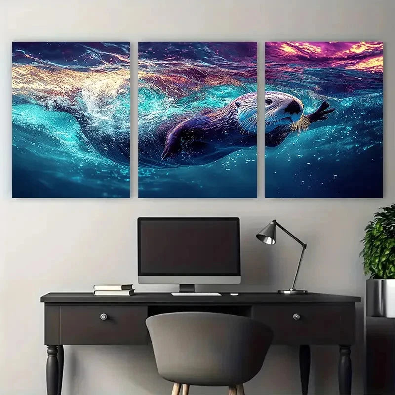 3pcs Cute Sea Otter Swimming in Blue Water Wall Art Set Canvas Framed 40x60cm - High Quality Print 100% Australian Made Wall Canvas Ready to Hang