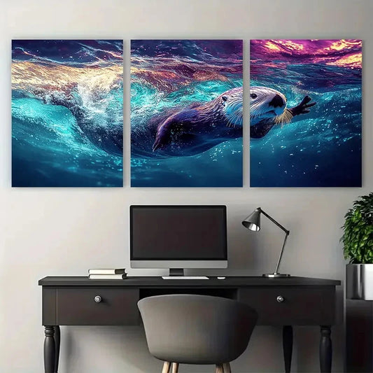 3pcs Cute Sea Otter Swimming in Blue Water Wall Art Set Canvas Framed 40x60cm - High Quality Print 100% Australian Made Wall Canvas Ready to Hang