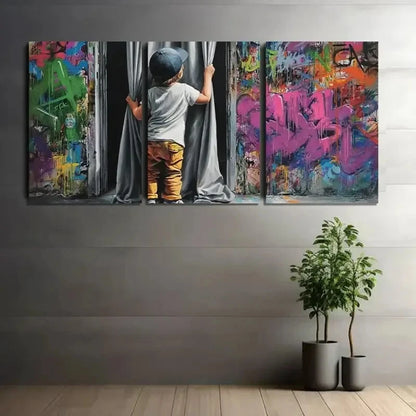 3pcs Boy Revealing Graffiti Behind Curtain Metal Print Ready to Hang Art