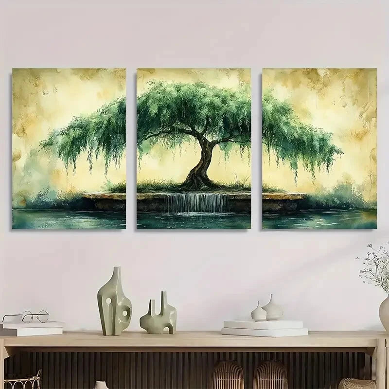 3pcs Serene Green Tree Willow Watercolor Metal Print Ready to Hang Art