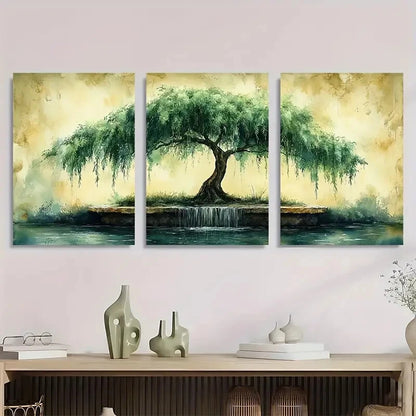 3pcs Serene Green Tree Willow Watercolor Metal Print Ready to Hang Art