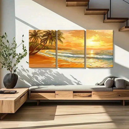 3pcs Vibrant Sunset Beach & Ocean Landscape Metal Print Ready to Hang Art