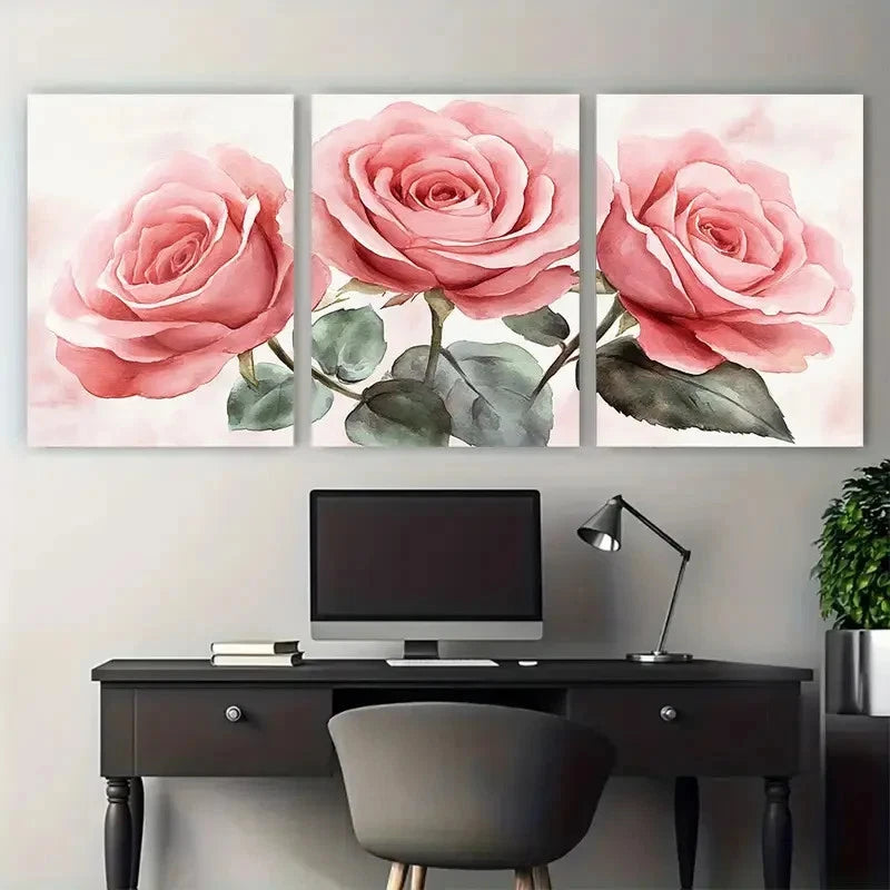 3pcs Blush Pink Rose Bouquet Watercolor Design Metal Print Ready to Hang Art