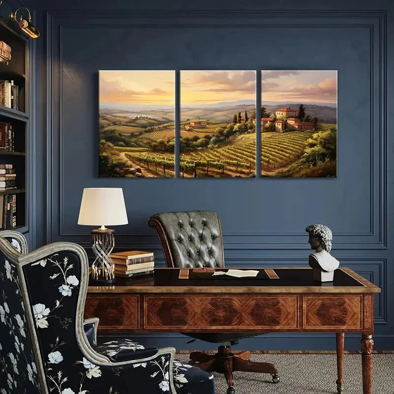 3pcs Sunset Vineyard Tuscan Hills Rural Landscape Metal Print Ready to Hang Art