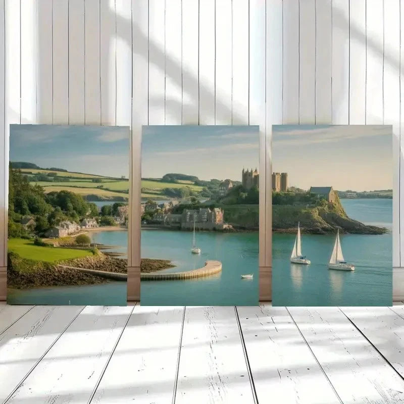 3pcs Seaside Village Sailboats Painting Metal Print Ready to Hang Art