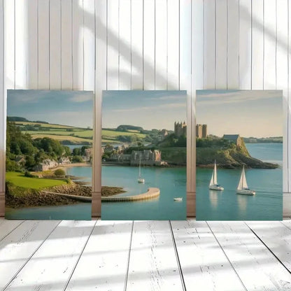 3pcs Seaside Village Sailboats Painting Metal Print Ready to Hang Art