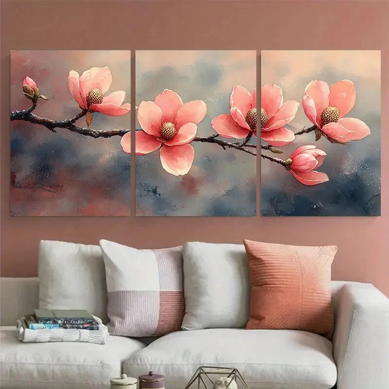 3pcs Magnolia Branch Delicate Pink Floral Metal Print Ready to Hang Art